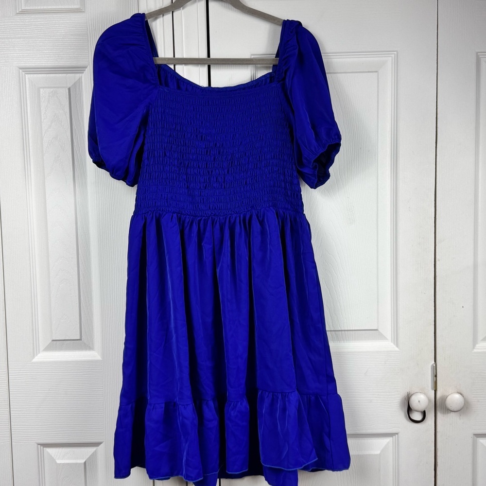 NWT Blue Smocked Off Shoulder Dress Large Stretchy Boho Mini - Picture 2 of 8